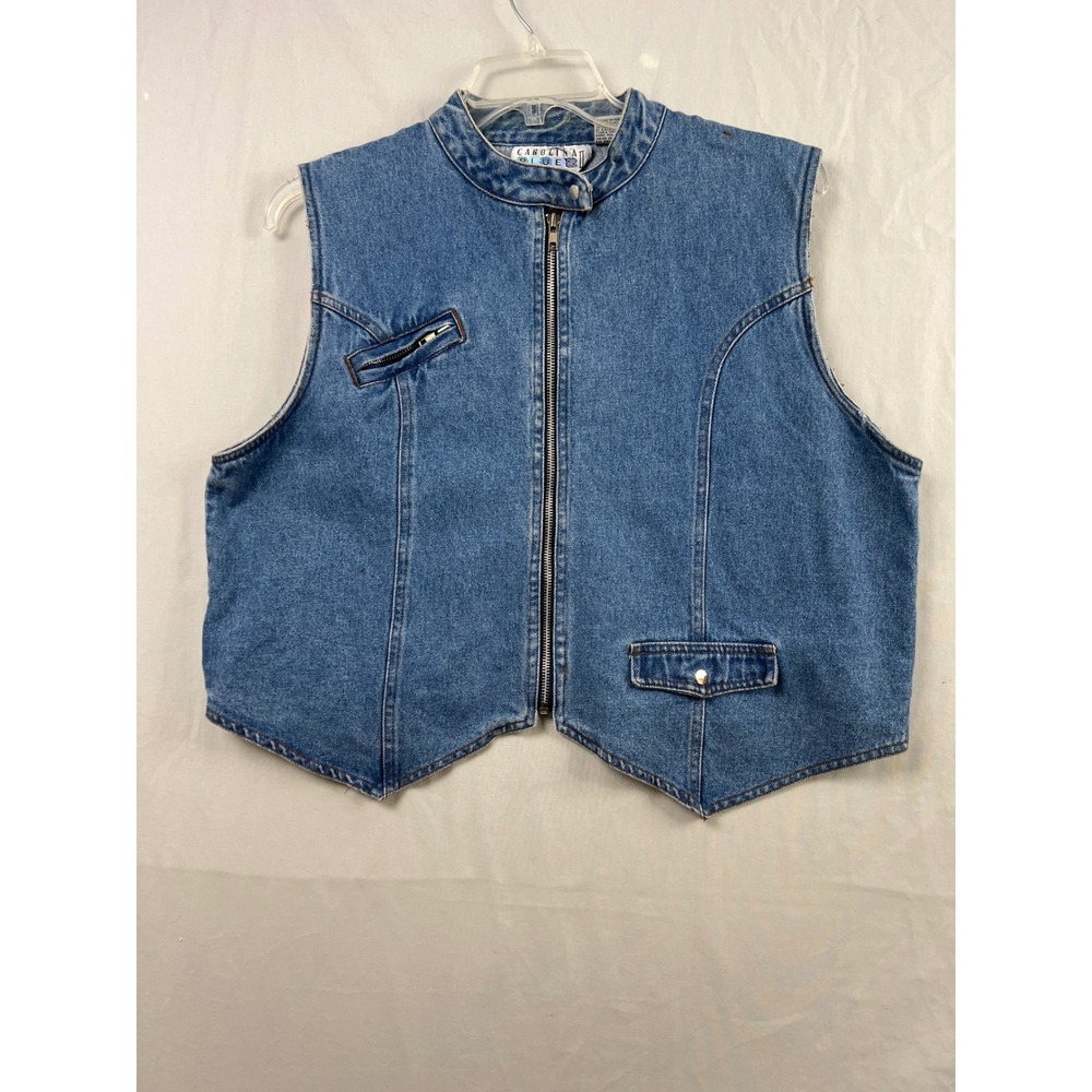 Carolina Blues Denim Vest Women 18 Blue Zip Front Mock Neck Western Pointed Hem